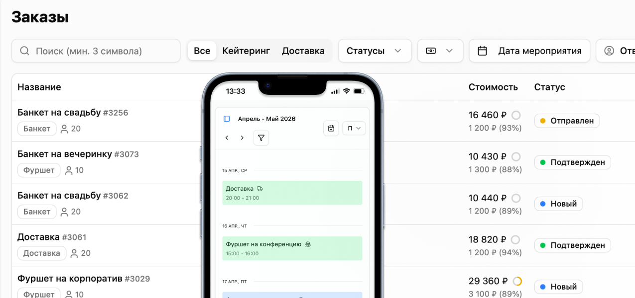 Заказы и календарь в CRM Caiter
