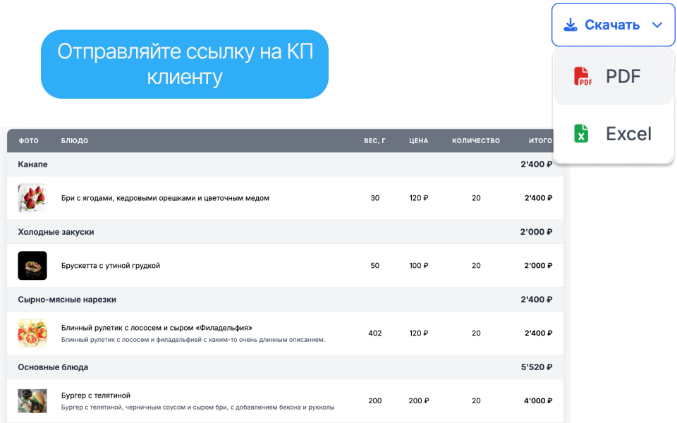 Онлайн-коммерческое предложение Caiter с фото блюд и описаниями